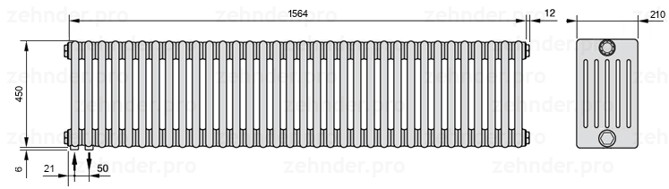 Схема (чертеж) Радиатор Zehnder Charleston 6045/34 №3370 Белый глянцевый RAL 9016
